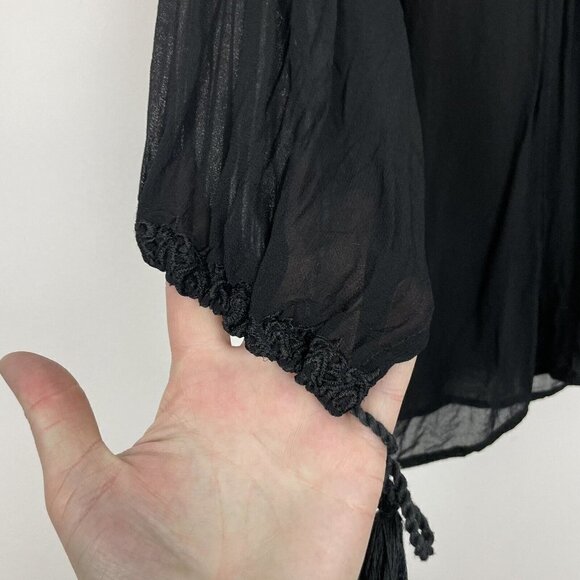 World Market Black Sheer Embroidered Top Tassled Sleeves Size Small Medium - Picture 2 of 7